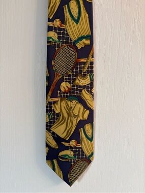 Men's Navy Tennis Themed Tie with Gold Sports Motif